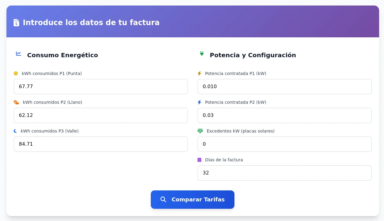 Rellenar los campos de consumo