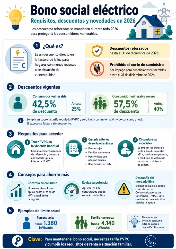 Infografía explicativa del bono social eléctrico con sus requisitos, descuentos de hasta el 57.5% y límites de consumo para 2026